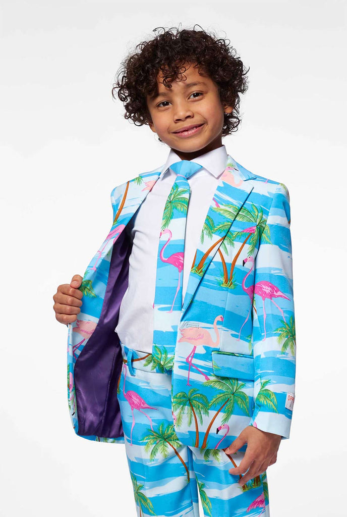 Hellblauer tropischer Anzug mit Flamingo -Druck für Jungen, die von Jungen getragen werden