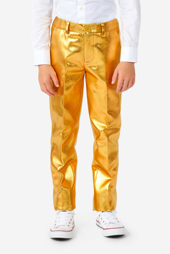 Junge, der leuchtenden groovigen Goldanzug trägt, Hose Blick auf die Hose