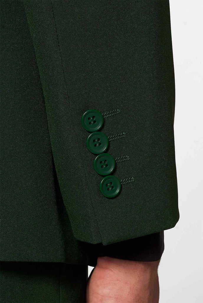 Fest dunkelgrüner Anzug herrliches Grün, das von Männern Ärmeln mit grünen Knöpfen abgenutzt ist