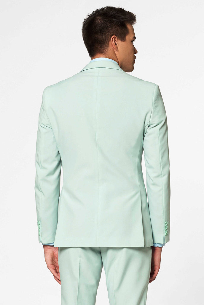Einfarbiger mintgrüner Anzug für Männer, Blick von hinten