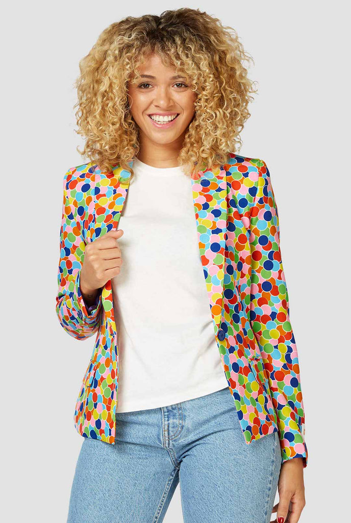 Multicolor Confetti Print Blazer, der von einer Frau getragen wurde, die hineinzoomt wurde
