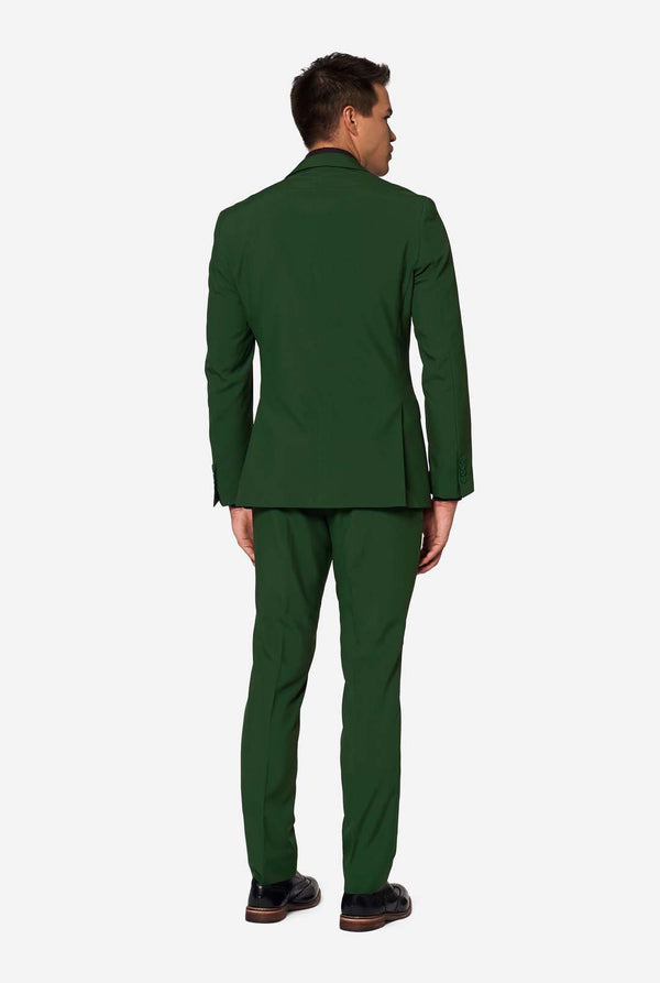 Rückansicht des Herrenanzugs „Glorious Green“ von OppoSuits mit betont taillierter Passform – moderner grüner Anzug für Hochzeiten und Events.