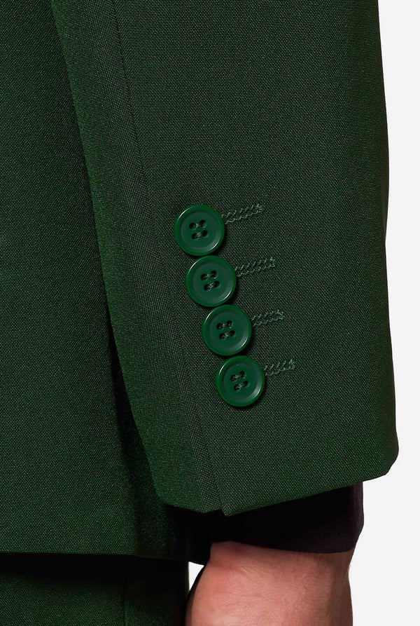Detailaufnahme des Ärmels des grünen Anzugjacketts mit vier passenden Knöpfen – Handwerkskunst eines Herrenblazers „Glorious Green“ von OppoSuits.