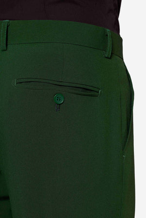 Detail der Gesäßtasche der Anzughose „Glorious Green“ von OppoSuits mit Knopfverschluss – elegante und professionelle Herrenmode.