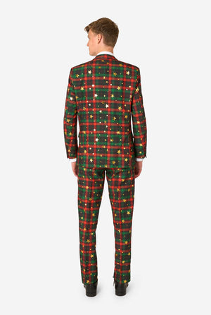 Rückansicht des rot-grünen Tartan-Anzugs mit Sternendetails.