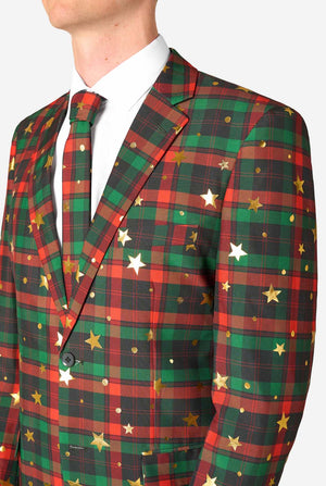 Oberkörper im Tartan-Weihnachtsanzug mit Sternen und Krawatte.