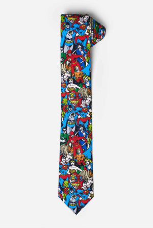 Mehrfarbige Krawatte mit DC-Comics-Figuren wie Batman und Superman darauf