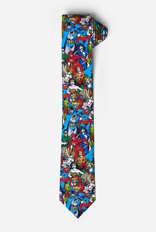 Mehrfarbige Krawatte mit DC-Comics-Figuren wie Batman und Superman darauf