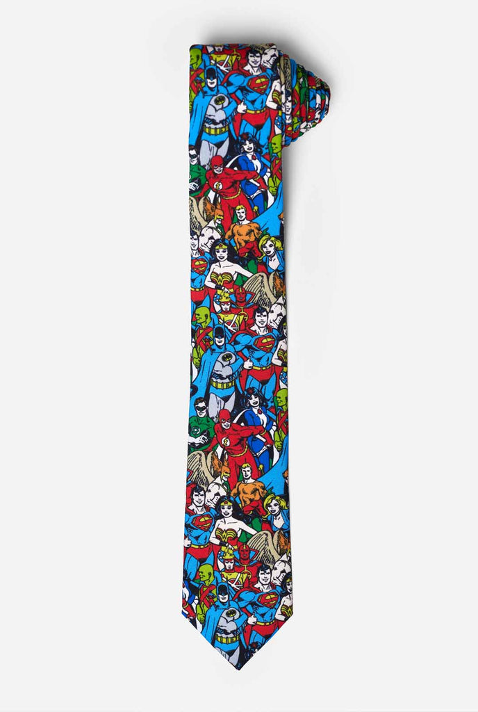 Multi color tie with DC Comics characters, like Batman and Superman on it