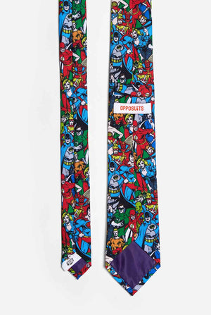 Mehrfarbige Krawatte mit DC-Comics-Figuren wie Batman und Superman darauf