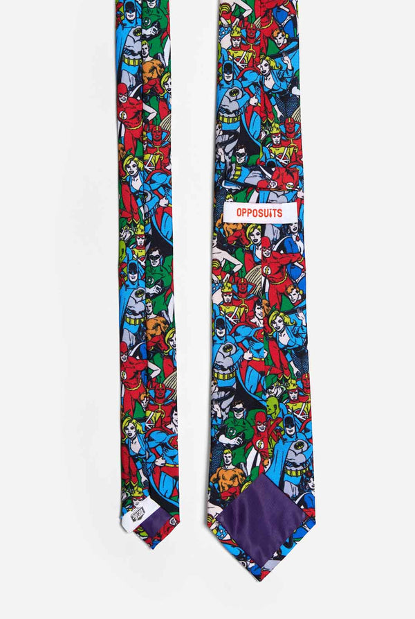Mehrfarbige Krawatte mit DC-Comics-Figuren wie Batman und Superman darauf