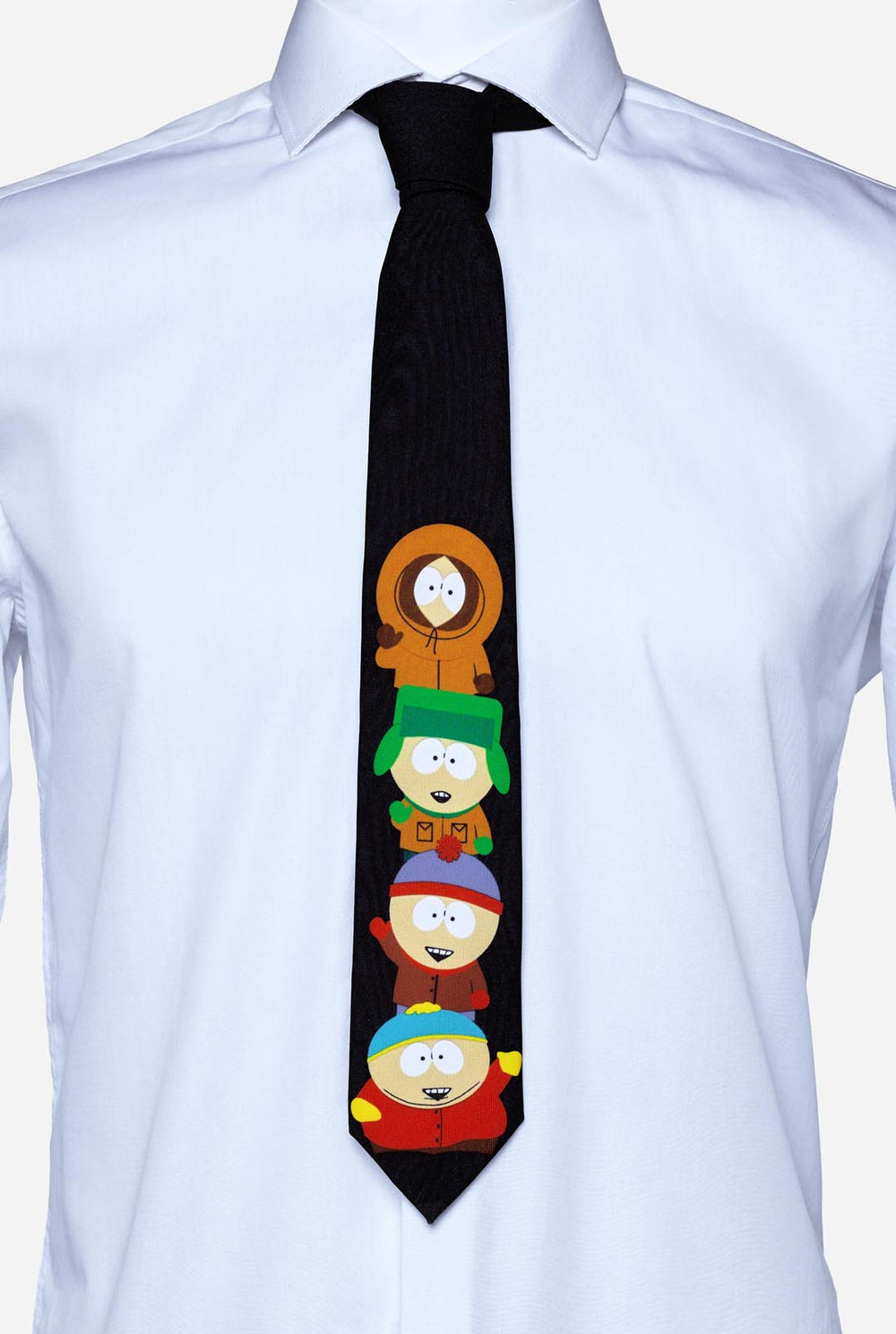 Schwarze Krawatte mit den South Park-Figuren Kenny, Kyle, Stan und Cartman darauf