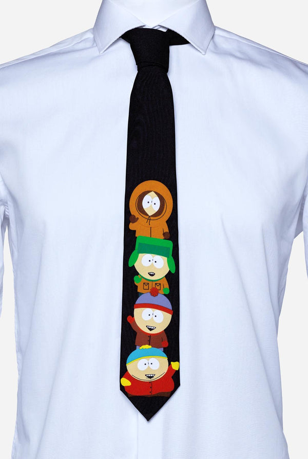 Schwarze Krawatte mit den South Park-Figuren Kenny, Kyle, Stan und Cartman darauf