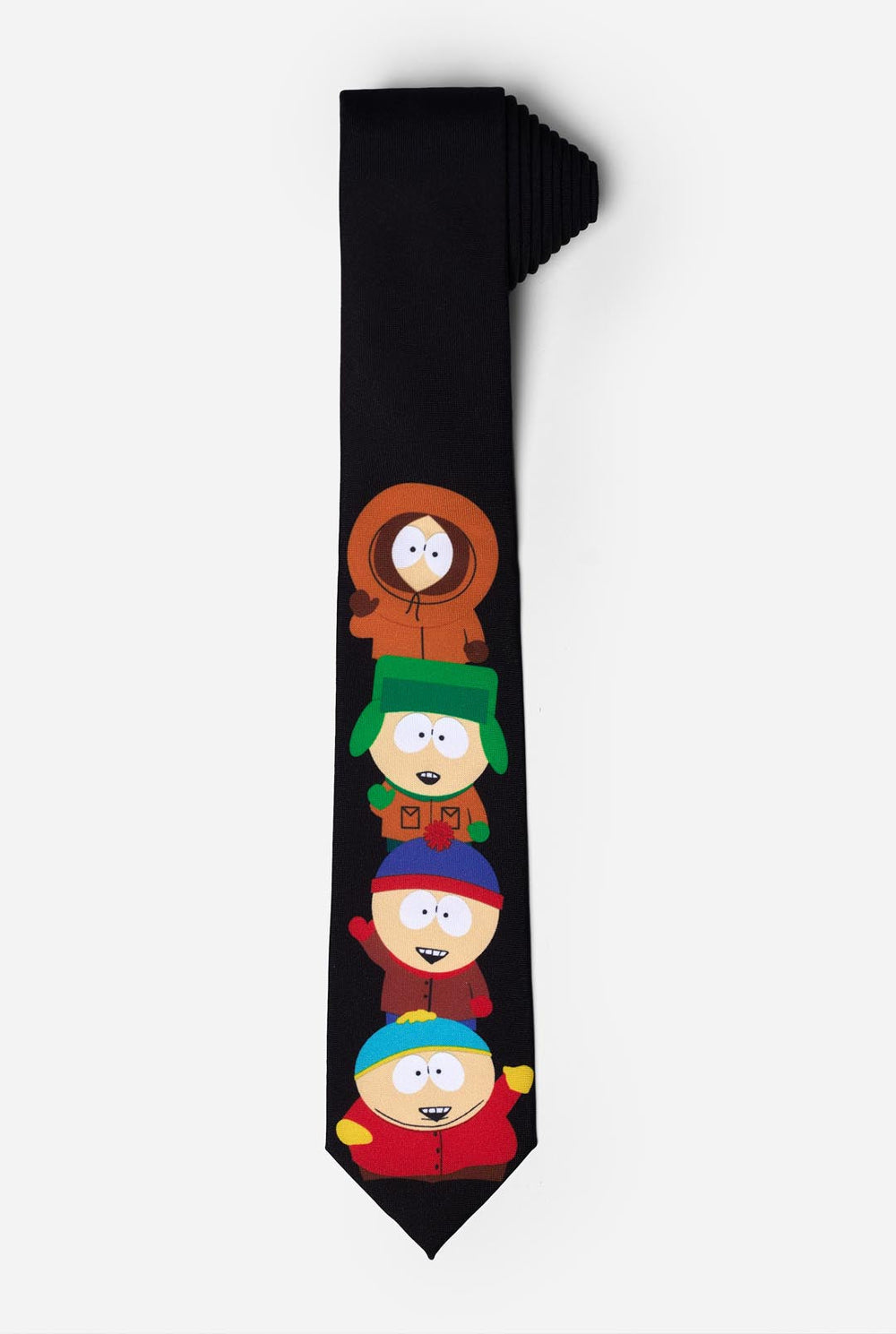 Schwarze Krawatte mit den South Park-Figuren Kenny, Kyle, Stan und Cartman darauf