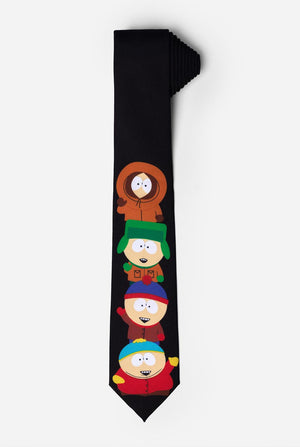Schwarze Krawatte mit den South Park-Figuren Kenny, Kyle, Stan und Cartman darauf