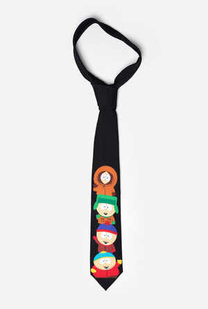 Schwarze Krawatte mit den South Park-Figuren Kenny, Kyle, Stan und Cartman darauf