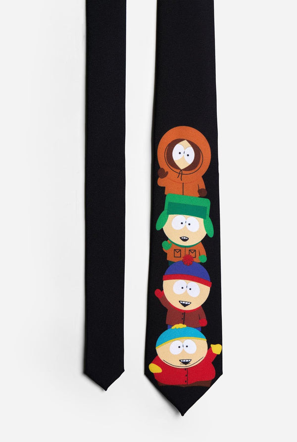 Schwarze Krawatte mit den South Park-Figuren Kenny, Kyle, Stan und Cartman darauf