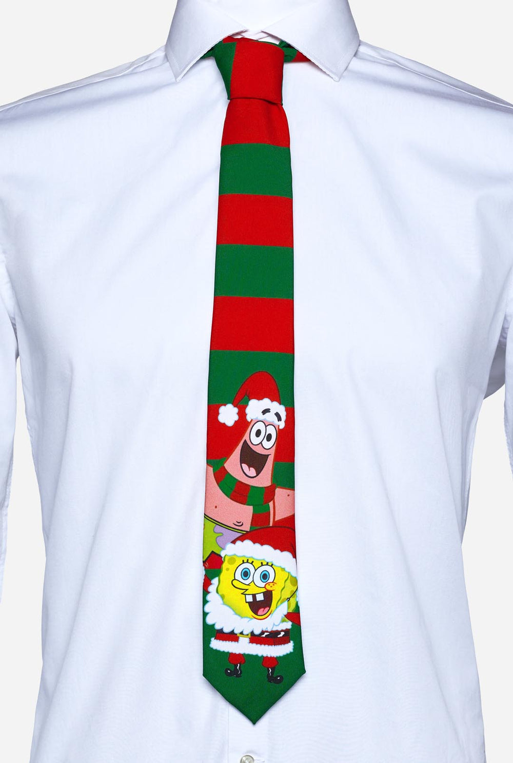 Grün-rot gestreifte Weihnachtskrawatte mit Spongebob- und Patrick-Aufdruck