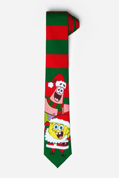 Grün-rot gestreifte Weihnachtskrawatte mit Spongebob- und Patrick-Aufdruck