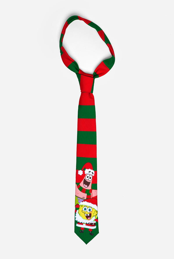 Grün-rot gestreifte Weihnachtskrawatte mit Spongebob- und Patrick-Aufdruck