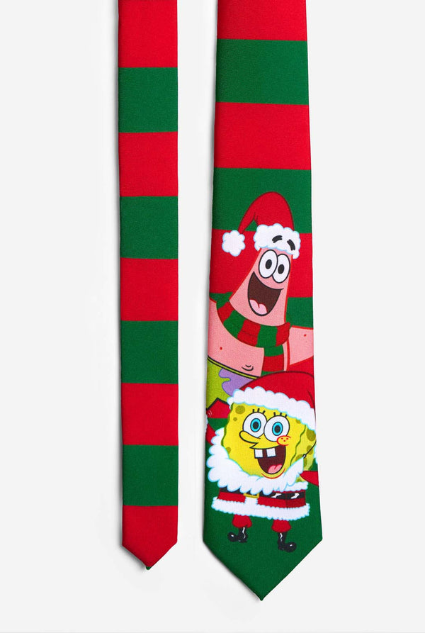 Grün-rot gestreifte Weihnachtskrawatte mit Spongebob- und Patrick-Aufdruck