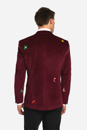 Mann, der burgunderrote rote Samt Weihnachtsblazer mit Weihnachtsikonen trägt
