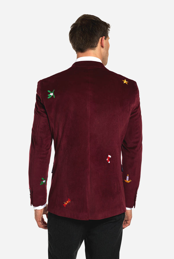 Mann, der burgunderrote rote Samt Weihnachtsblazer mit Weihnachtsikonen trägt