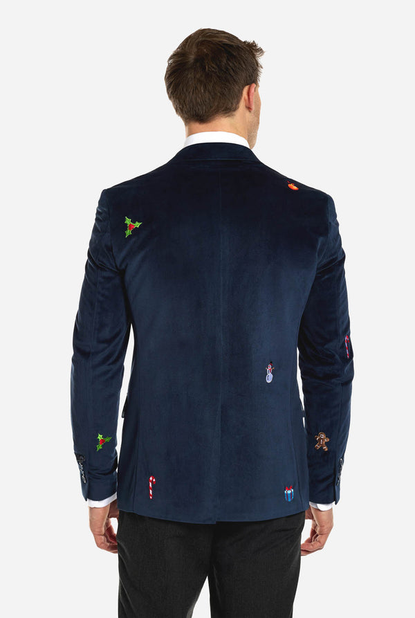 Mann mit marineblauem Weihnachtsblazer mit Weihnachtsstickerei