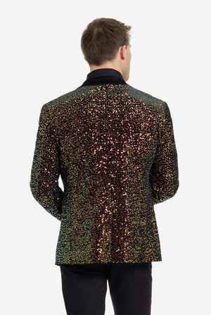Dieses Bild zeigt eine stilvolle Herren-Dinnerjacke aus der OppoSuits Deluxe Kollektion, verziert mit schillernden bernsteinfarbenen Pailletten, die einen funkelnden Effekt erzeugen. Der Paillettenblazer besitzt ein elegantes Satin-Revers und eine maßgeschneiderte Passform. Das Modell kombiniert die Jacke mit einem klassischen schwarzen Hemd und einer Fliege. Perfekt geeignet für formelle Anlässe, Festtagsfeiern oder Silvester. Ansicht von hinten.