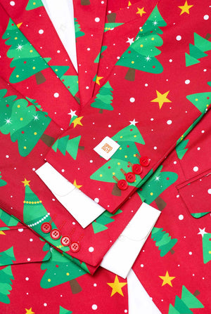 Roter Weihnachtsblazer für Herren mit Weihnachtsbäumen und Sternen-Print. Nahaufnahme mit weißem Hemd.