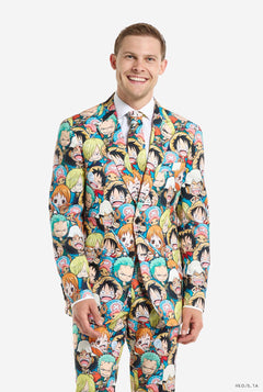 Image of a man wearing the One Piece suit from OppoSuits. Suit has an all over print with the One Piece main characters Luffy, Zoro, Nami, Usopp, Sanji, and Chopper on it. Suit consists of blazer, pants and a tie.