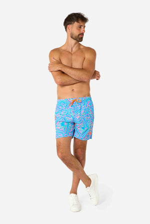 Lebendige holografische Badeshorts für Herren mit faszinierendem Wirbeldesign in Blau, Rosa und Lila. Auffällige und stylische Bademode für Sommerspaß.