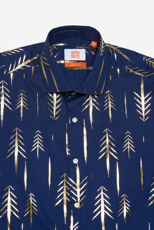 Dunkelblaues Weihnachtshemd mit goldenen Folienbäumen, Nahaufnahme