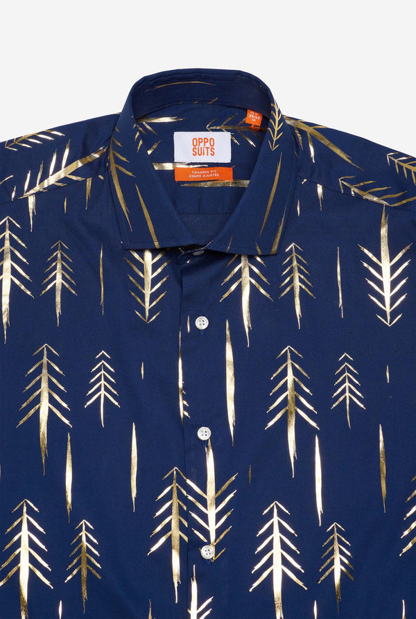 Dunkelblaues Weihnachtshemd mit goldenen Folienbäumen, Nahaufnahme