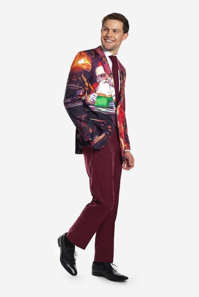 Man wearing burgundy red Christmas suit with vintage Christmas print