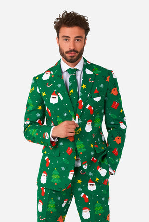 Mann trägt einen grünen Weihnachtsanzug für Herren mit Weihnachtsmotiven.