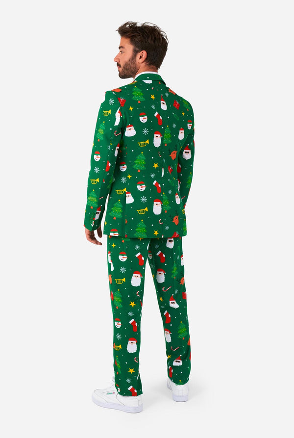 Mann trägt einen grünen Weihnachtsanzug für Herren mit Weihnachtsmotiven, Ansicht von hinten.