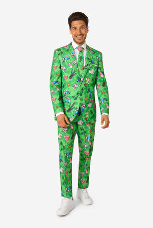 Ganzkörperbild eines Mannes in einem grünen Minecraft-Anzug von OppoSuits, der lächelt und selbstbewusst posiert.