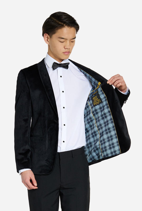 Teenager im Smoking-Blazer aus schwarzem Samt für Teenager-Jungen