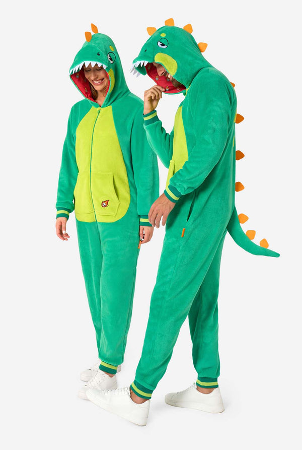 Ein Mann und eine Frau tragen grüne Dinosaurier-Erwachsenen-Onesies mit verspielten Kapuzen-Details und gemütlichem, weichem Material, perfekt zum Entspannen oder für Kostümveranstaltungen.