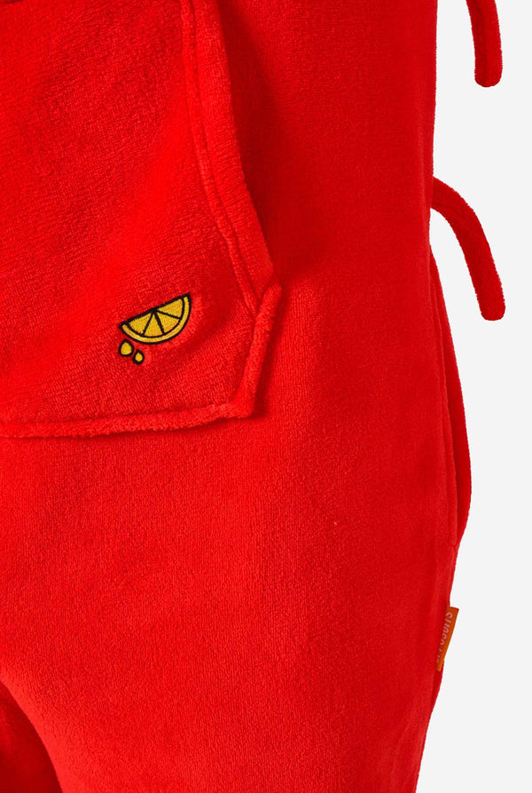 Ein Kind trägt einen leuchtend roten Kinder-Strampler mit Hummermotiv, verspielten Kapuzendetails und kuscheligem, weichem Material. Nahaufnahme.