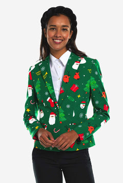 Frau trägt einen grünen Weihnachtsblazer für Damen, der mit Weihnachtsmotiven bedeckt ist.