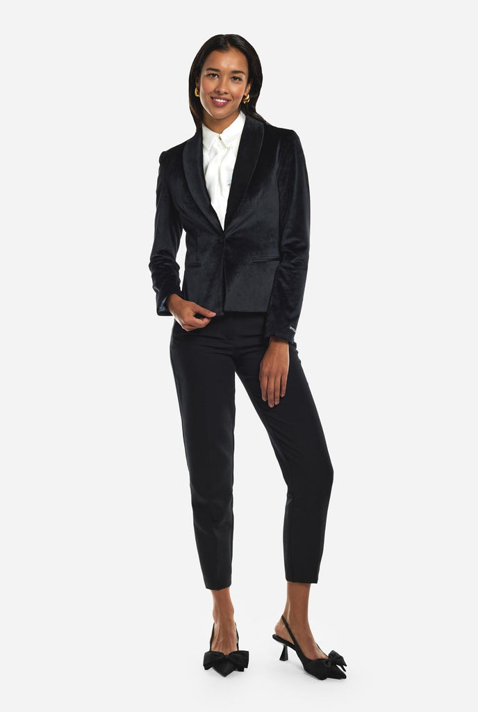 Damen trägt Dinner Jacket Black Blazer, mit Schwarze Hösen