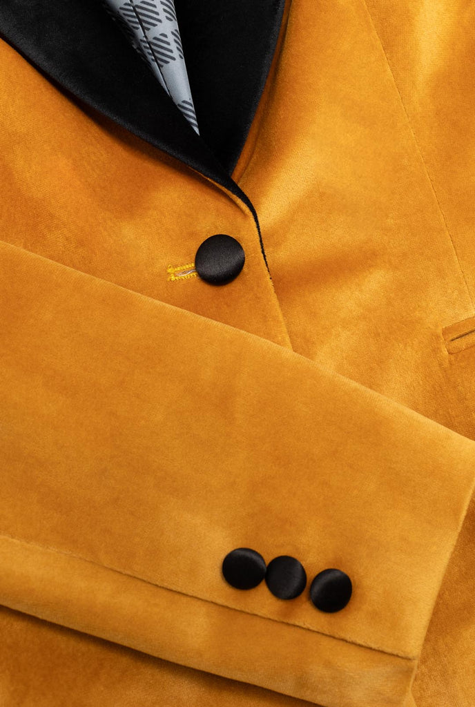 Damen trägt Dinnen Jacket Gold Blazer, Nahaufnahme Blazer