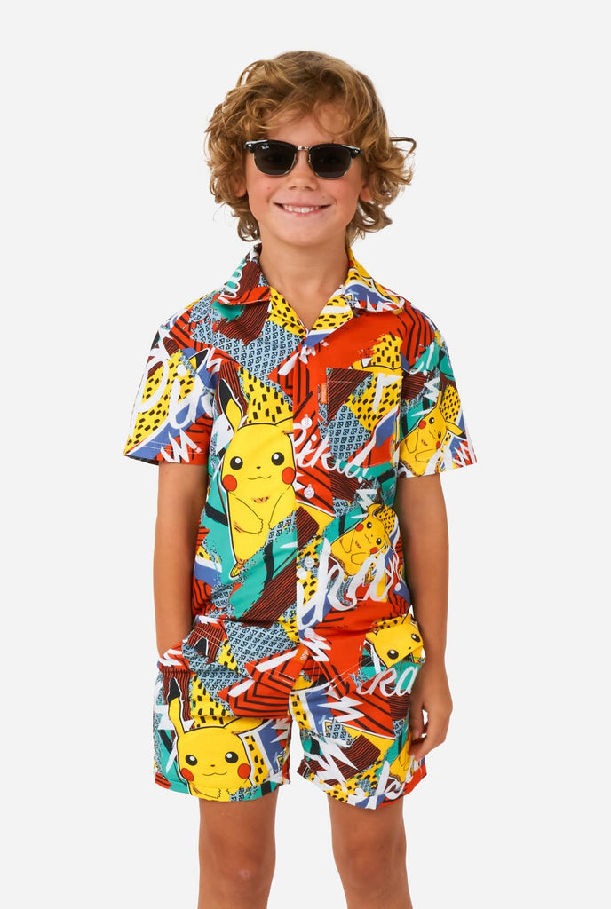 Boy wearing summer set consisting of shirt and short with Pikachu Pokemon print