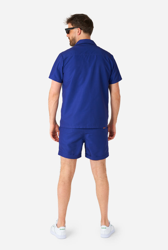 Men wearing blue summer set consisting of shirt and shorts