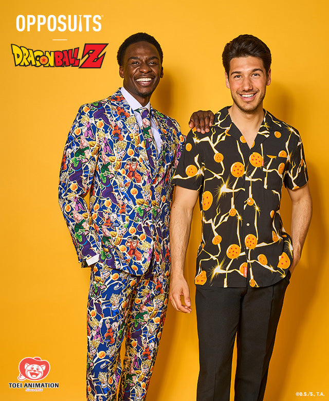 Image with yellow background and the text OppoSuits - Dragon Ball Z on the left top. In the middle a man in a dragon ball suit and a man in a black Dragon Ball Hawaiian.