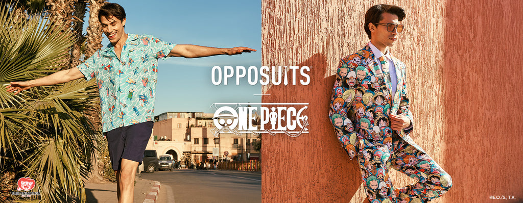 Das Bild ist in zwei Hälften geteilt und trägt in der Mitte den Text „OppoSuits One Piece“. Rechts ist ein Mann in einem Hawaii-Einteiler und links ein Mann in einem Herren-Einteiler zu sehen.