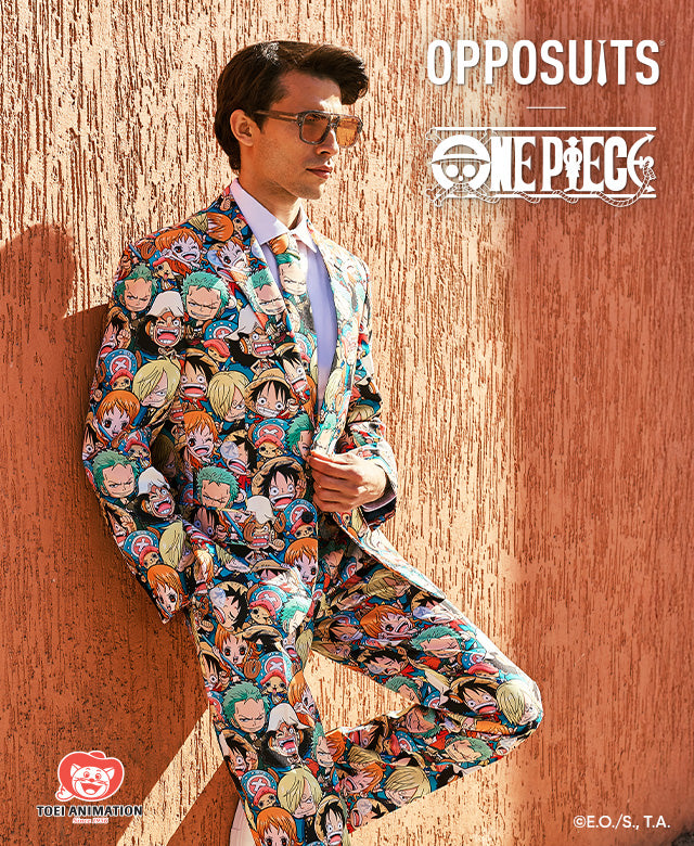Bild mit dem Text „OppoSuits One Piece“ in der rechten Ecke. Außerdem ist auf dem Bild ein Mann in einem Herren-Einteiler zu sehen.