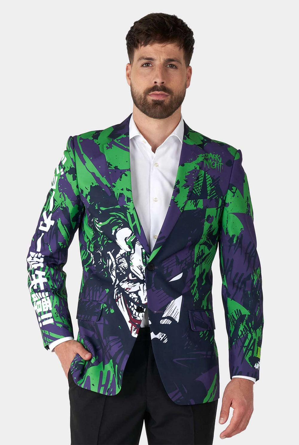 Mann trägt lila und grünen Batman vs Joker Herrenblazer